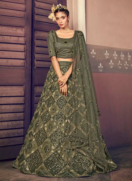 Mehandi Colour Shubhkala Bride Vol 1 Fancy Designer Party Wedding Wear Net Sequince Embroidery Work Lehenga Choli Collection 1704
